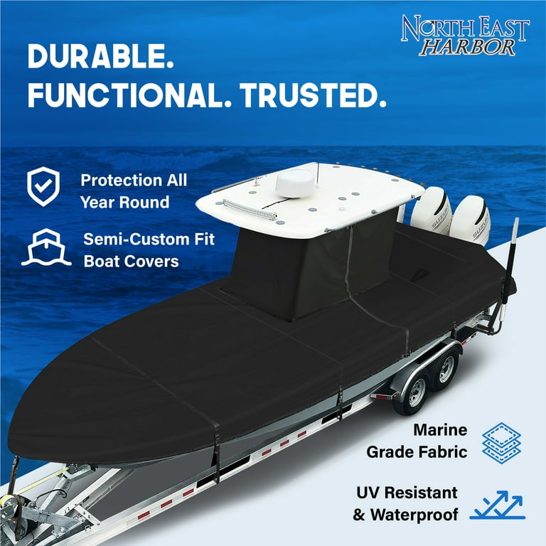 NEH T-Top Boat Cover 22-24ft, Thick Heavy Duty Fabric, Fade-Proof, Rip  Resistant, Waterproof, Trailerable, Hard Top Center Console Cover, Black
