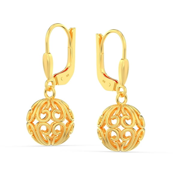 LeCalla 18K Gold-Plated 925 Sterling Silver Filigree Ball Leverback Dangle Earrings for Women and Teen 26MM