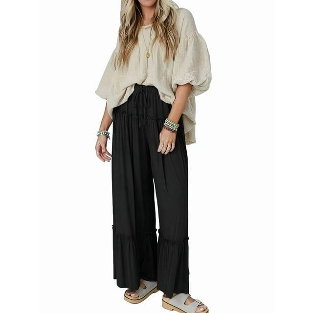 Pantalones Palazzo Holgados de Playa con Cintura Alta Elástica, Dobladillo con Volantes y Pierna para Mujer Negro M