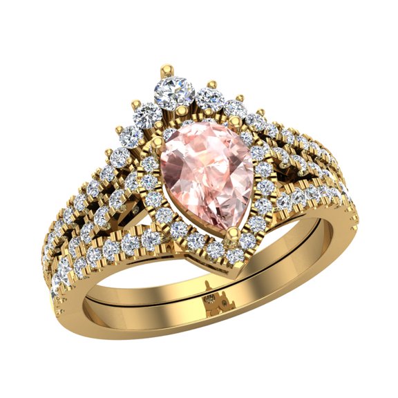 Wedding Ring Set for Women Pear Cut Pink Morganite Halo Diamond Ring 14K Gold (I,I1)