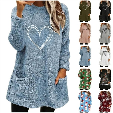 lcziwo Womens Fuzzy Sherpa Sweatshirt Casual Crewneck Long Sleeve Pullover Tops Cute Graphic Print Fleece Sweater Gray XXL