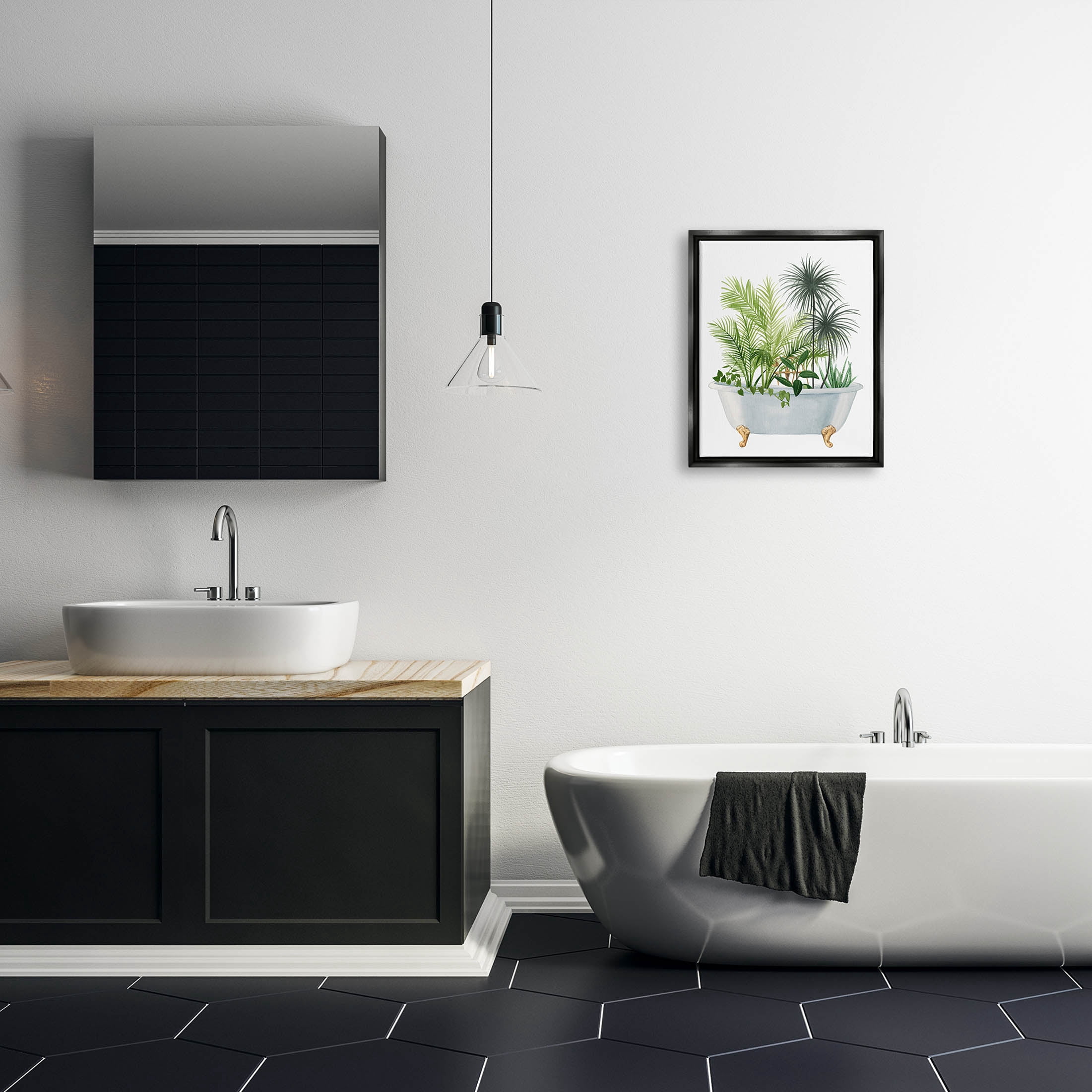 Stupell Industries Mixed Plant Leaves Antique Bathroom Tub Graphic Art Jet Black Floating Framed Canvas Print Wall Art, Design by Grace Popp