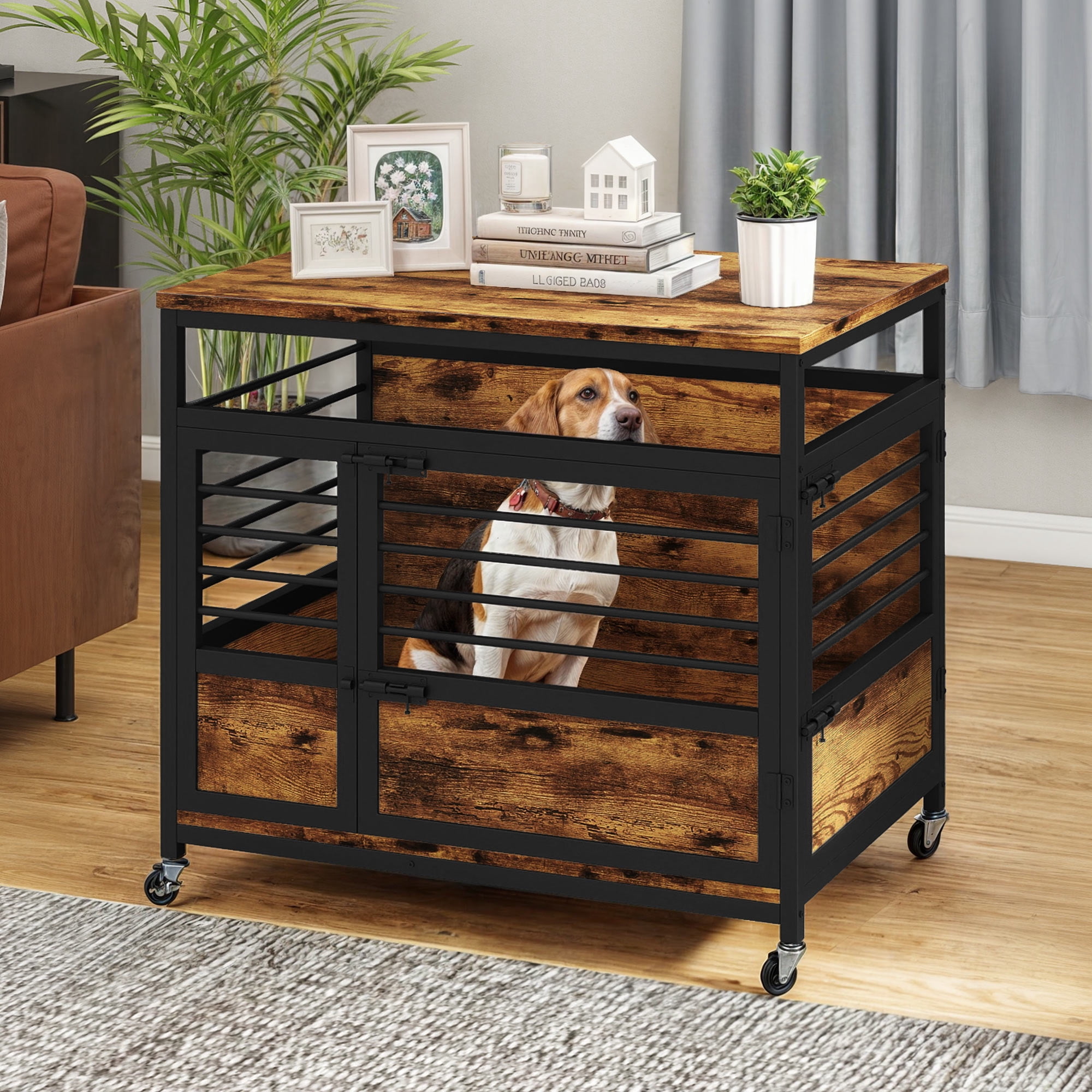Craftian 32 Inch Dog Crate Furniture, Dog Kennel Indoor with Wheels and Removable Tray,End Table Dog Crate - Rustic Brown & Black