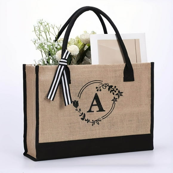 Iumwxz lunch bag YOOLIFE Initials Jute Tote Bag And Cosmetic Bag Beach Tote Bag With Zipper Pocket Adjustable Strap Birthday Gift For Women lunch box flax Online Shopping