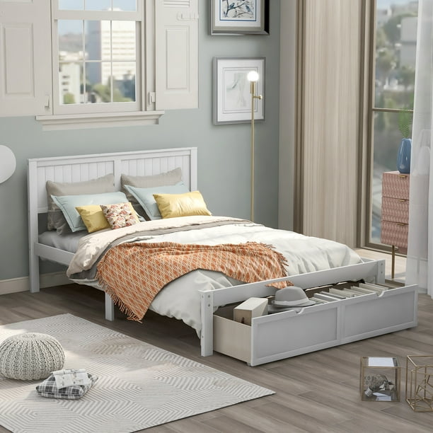 Full Size Wooden Platform Bed with Storage Drawers, White - Walmart.com