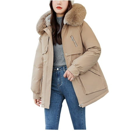 

Women s Elegant Warm Puffer Jacket Long Sleeve Casual Winter Coat Fleeced Faux Fur Zip up Hoodies Parka Trench
