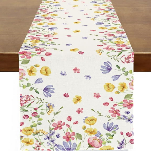 Spring Watercolor Flowers Table Runner Wild Floral Flowers Farmhouse Rustic Runner for Table Kitchen Dinning Table Decor for Wedding Anniversary Party Holiday Home Decor 13x72 Inch