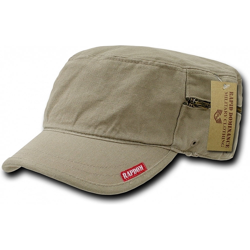 RapDom Plain Vintage Washed Patrol Mens Cadet Cap with Zipper [Khaki