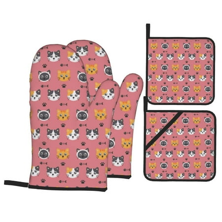 

Oven Mitts and Pot Holders 4 pcs Set Cute Cartoon Cat Fishbone Heat Resistant Pot Holders Oven Mitts for kitchen Non-Slip Hanging Loop Oven Glove Potholders for Baking Cooking