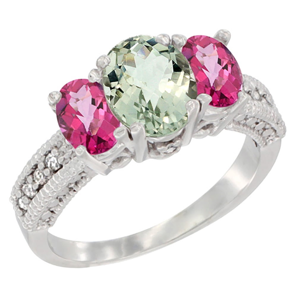 10K White Gold Diamond Natural Green Amethyst Ring Oval 3-stone with Pink Topaz, sizes 5 10 by WorldJewels