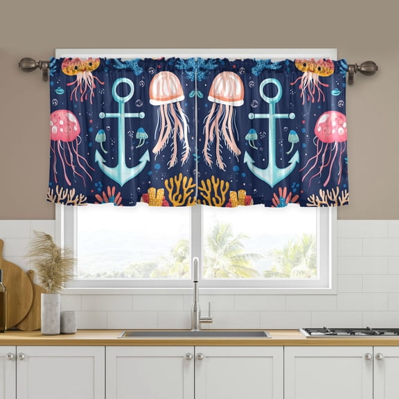 Yayeee Kitchen Curtains Tier Set of 2 Light Filtering 57"x24" Over Sink Window Panels, Blue Anchor