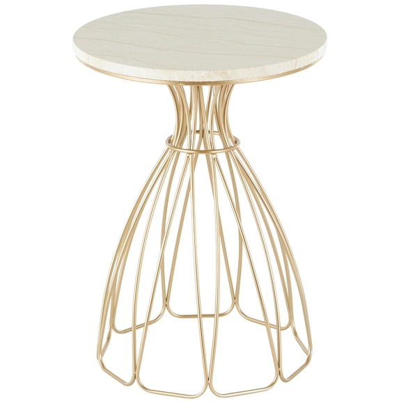 DecMode 16" x 22" Gold Metal Flower Inspired Accent Table with Cream Marble Tabletop, 1-Piece