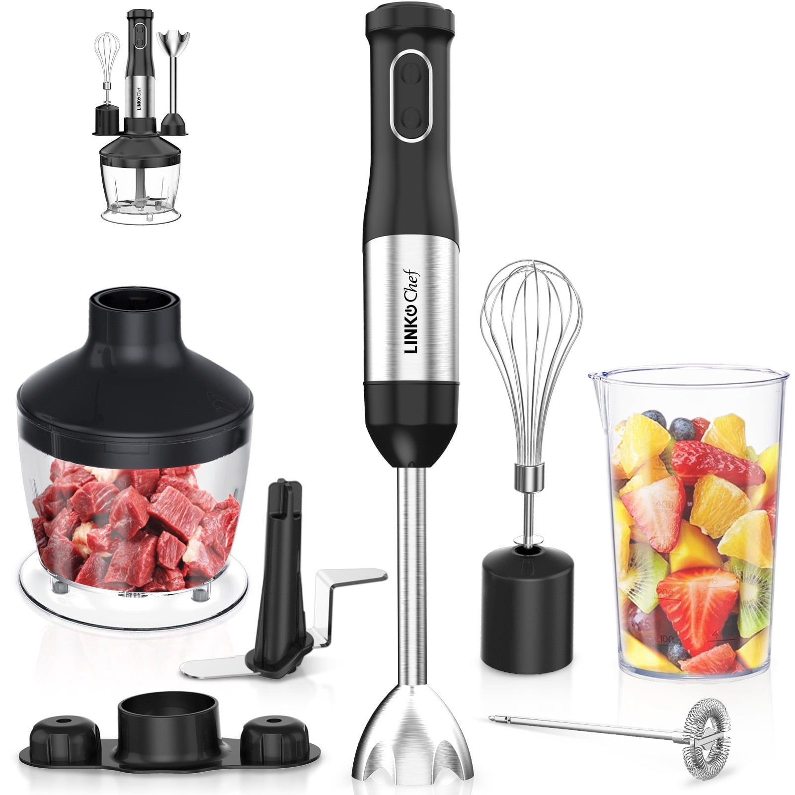 Refurbished LINKChef Immersion Blender, 7-in-1 Hand Blender with 800W Motor, 20 Speeds with Turbo Boost, 304 Stainless Steel Blades, 600ml Beaker, Black