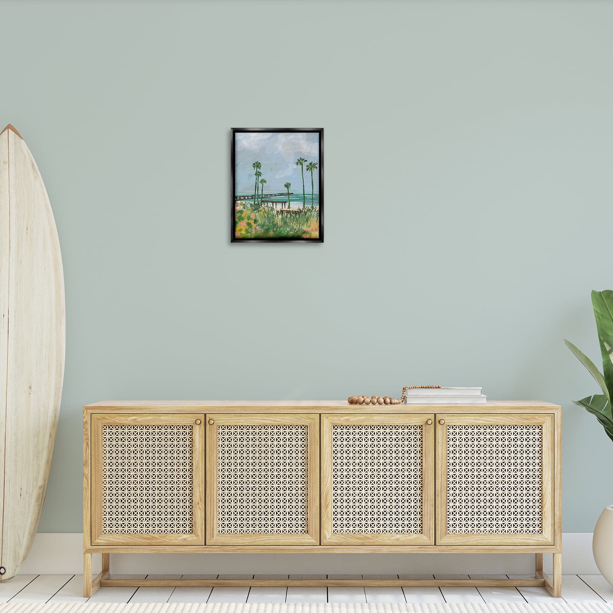 Stupell Industries Palm Trees Dock Scene Landscape Painting Black Floater Framed Canvas Art Print Wall Art, 17 x 21