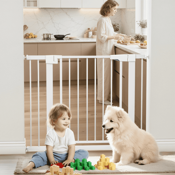 Naipo Baby Safety Gate,29.93~40.55 inch Wide Walk Through Baby Gate Hardware/Pressure Mounting Kit,with 2 Extensions for Age 6 to 24 Months,White