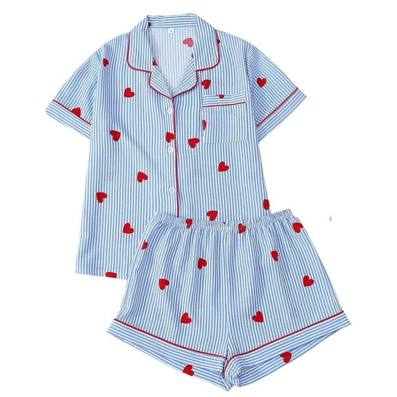 CONZONE Valentines Pajamas for Women Set 2 Peice Pjs Set for Women Valentine'S Day Love Heart Print Short Sleeve Sleepwear Tops Shorts Warm Cozy Sleepwear Loungewear Sets