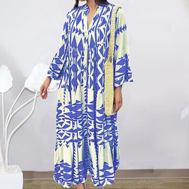Pisexur Robe à Manches Longues Col en V Mode Imprimée Décontractée Robe Femme en Solde