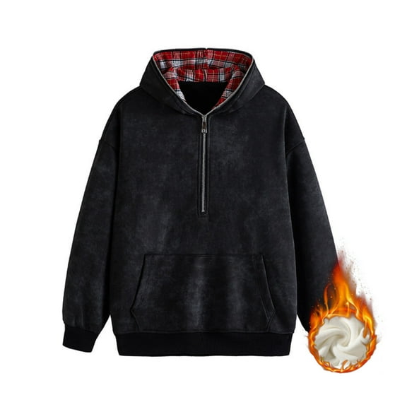 M-5X Plus Size Hoodies for Men with Front Pocket and Half Zipper Pullover Sweatshirts Big & Tall Fleece Lined Long Sleeve Plaid Warm Hooded Tops