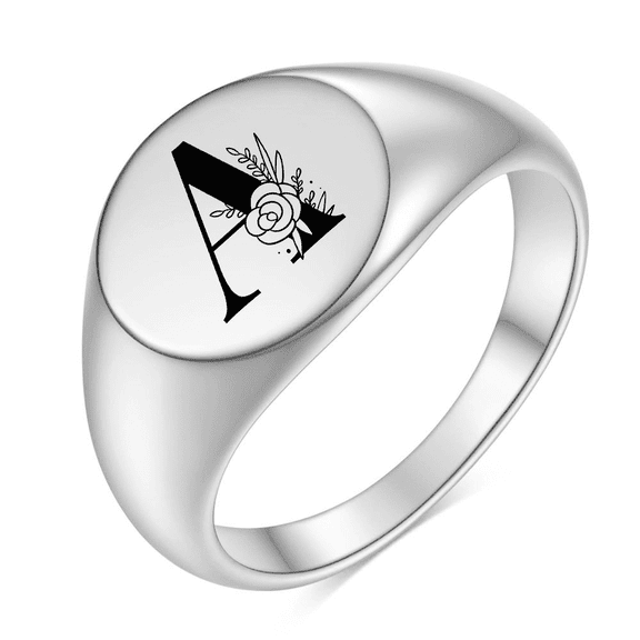 Z.LP Women's Personalized Floral Ring: Engraved Letter 'A' Signet Ring