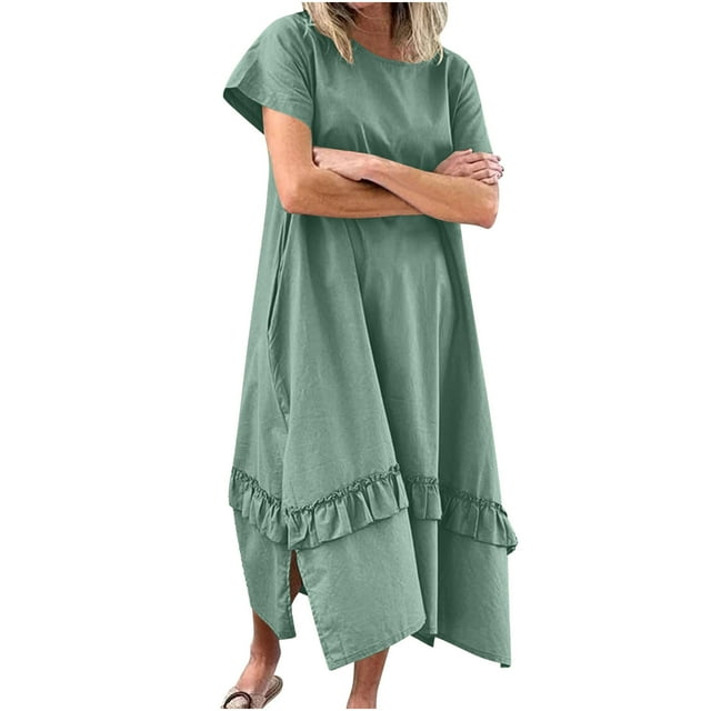 yoeyez Robe en Lin pour Femmes Grande Taille, Robe d'Été à Manches Courtes Col Rond Fendue à Volants Maxi Robe Fluide de Plage Verte,P