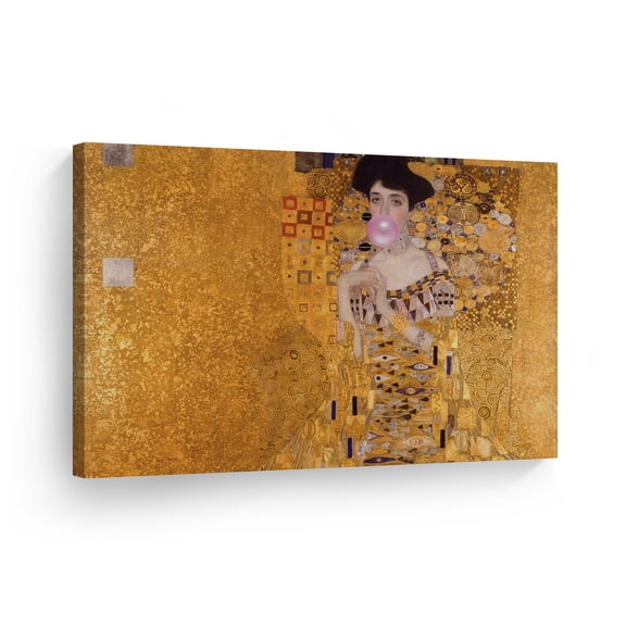 Smile Art Design Gustav Klimt's Masterpiece Portrait of Adele Bloch Bauer I Pink Bubble Gum Art CANVAS PRINT Famous Paintings Wall Art Classic Art Home Decor Ready to Hang Made in USA 24x36