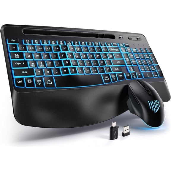 GEAK Wireless Keyboard and Mouse Comb, 2.4G Full Size Ergonomic Wave Keyboards with Wrist Rest, Quiet Backlit Mice, With Phone Holder, for Computer Tablet, Black