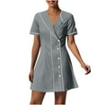 thumbnail image 3 of yoeyez Nurses Scrub Dress Uniforms Women's Solid Color Splicing Knee Length Dresses with Pocket Casual Short Sleeve V-Neck Holiday Workwear Dark Gray,S, 3 of 7