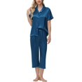 thumbnail image 6 of Juosiy Women Simpe Fashion Ice Silk Satin Sleepwear Solid Color Smooth Lapel Short Sleeve Capri Pajamas Home Suit, 6 of 7