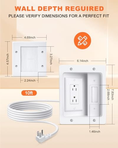 in Wall Cable Management Kit with Recessed Outlet Box, TV Cord Hider & Concealer - Dual Power Outlet, Large Pass-Through for HDMI Cables, UL Listed for Wall Mounted TV