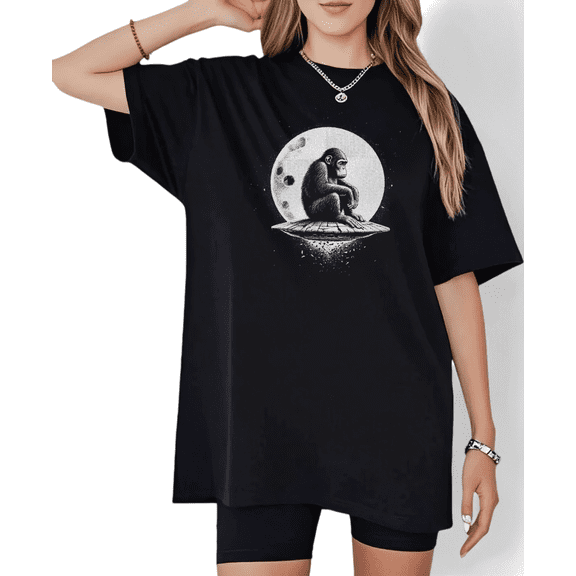 Women Contemplating Gorilla On UFO Under Moon Graphic Tees T Shirt Tops Crew Neck Printed Cotton T Shirt Black S-5XL