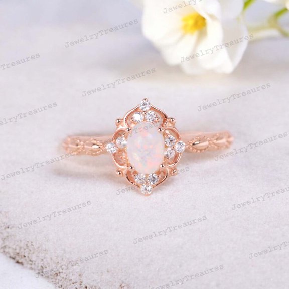 Opal Promise Ring Vintage White Opal Jewelry for Women Art Deco Proposal Ring Gift for Wife Oval Cut Gemstone Ring