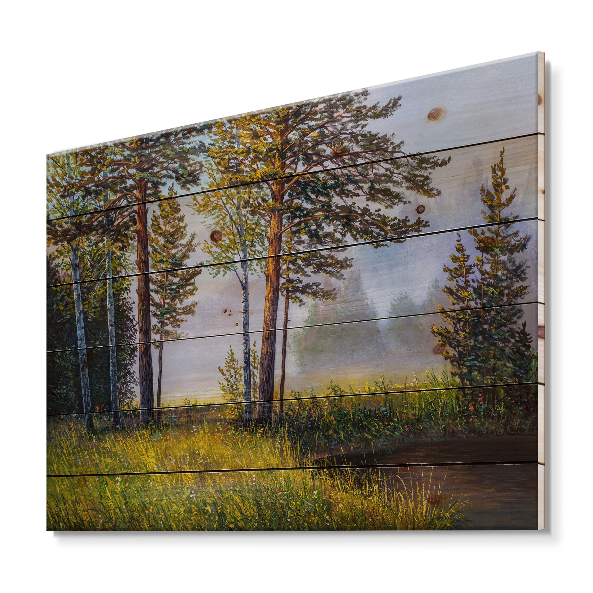 Designart 'Subtle Sunset Light Through The Trees III' Lake House Print on Natural Pine Wood