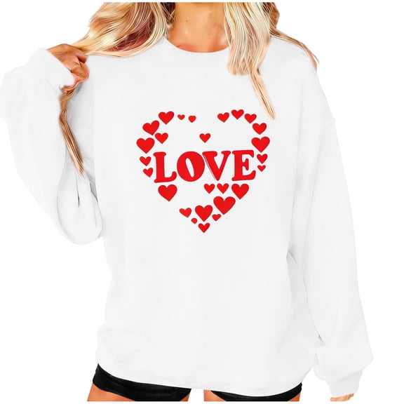 Womens Valentines Oversized Sweatshirt Long Sleeve Heart Love Graphic Shirts Crewneck Cute Pullover Sweater Tops, M White