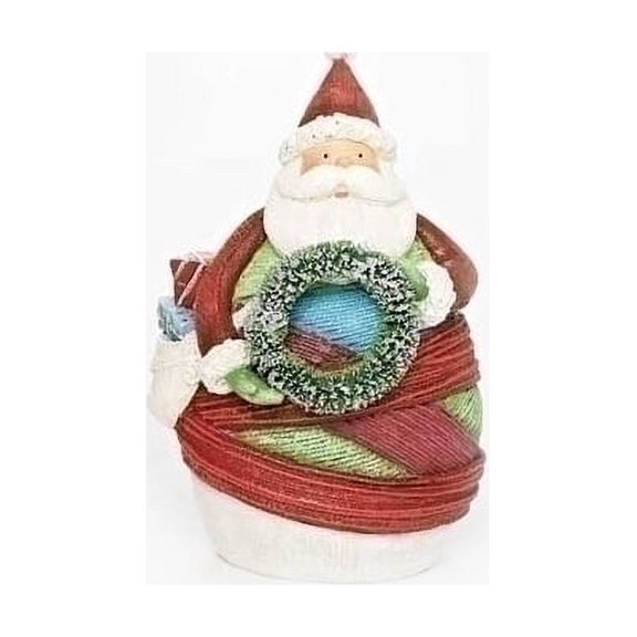 Roman 6.5" Red and White Striped Yarn Wrapped Santa Claus with Wreath Christmas Figurine