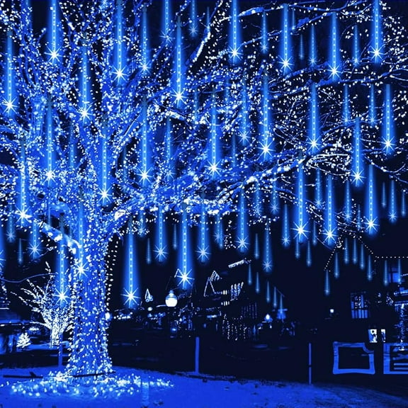 Christmas Lights Outdoor Falling Rain Meteor Shower Lights 12 inch 8 Tube 192 LED Snowfall Icicle Cascading String Light for Xmas Tree Christmas Decorations Holiday Garden, UL Plug,Warm White