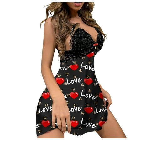 

Sayhi Women Fashion Sexy Dress Valentine Love Printing Sexy Nightdresses Lace Long Summer Dresses with Sleeves