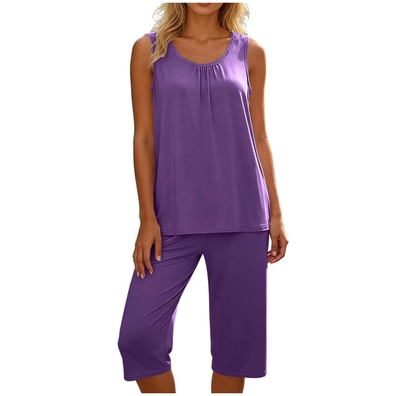 MGDXOX Women's 2 Piece Sleeveless Pleated Tank Top & Capri Pants Pajama Set Soft Breathable Loungewear Sleepwear Purple XL