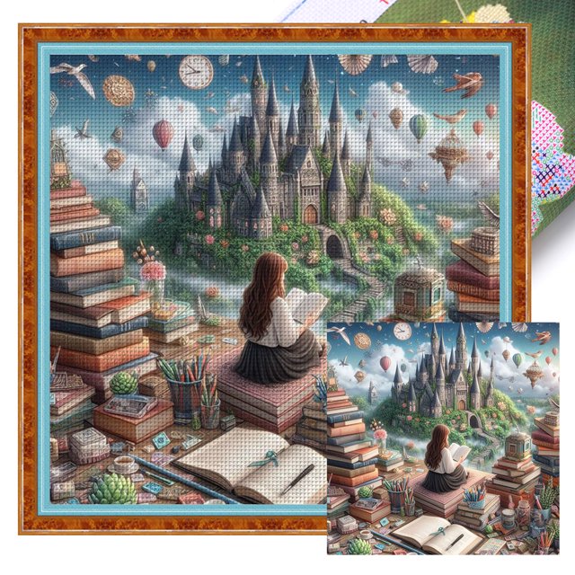 Hilo Algodón Ecológico Bordado Libros Impresos 11CT Punto Cruz Castillos 50x50cm