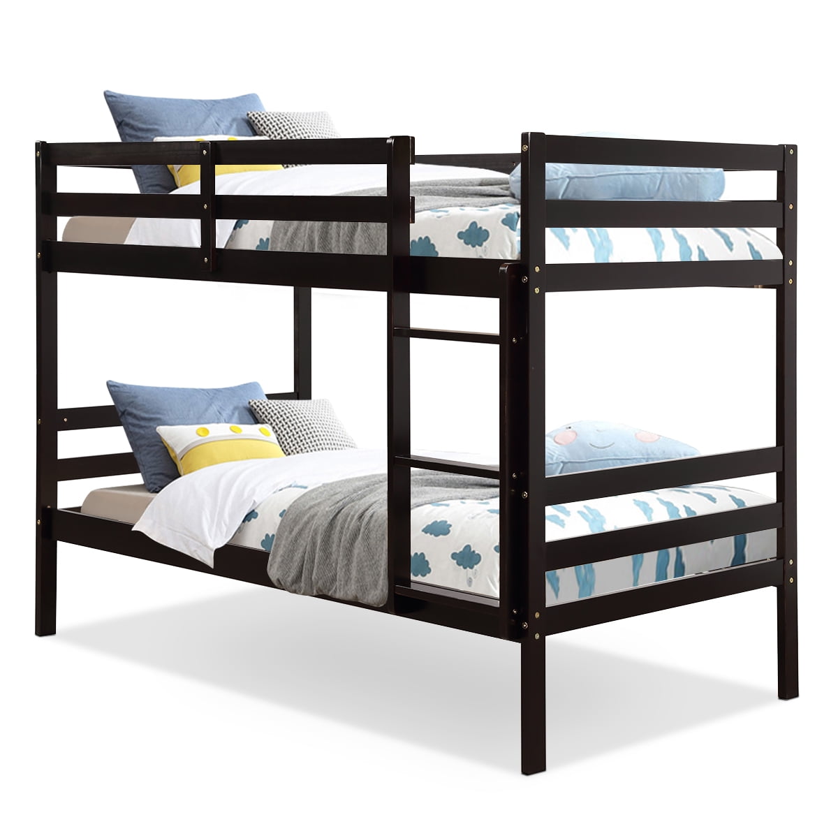 Twin Over Twin Wood Bunk Beds W/Ladder & Safety Rail Pine Wood Bunk Bed Espresso 