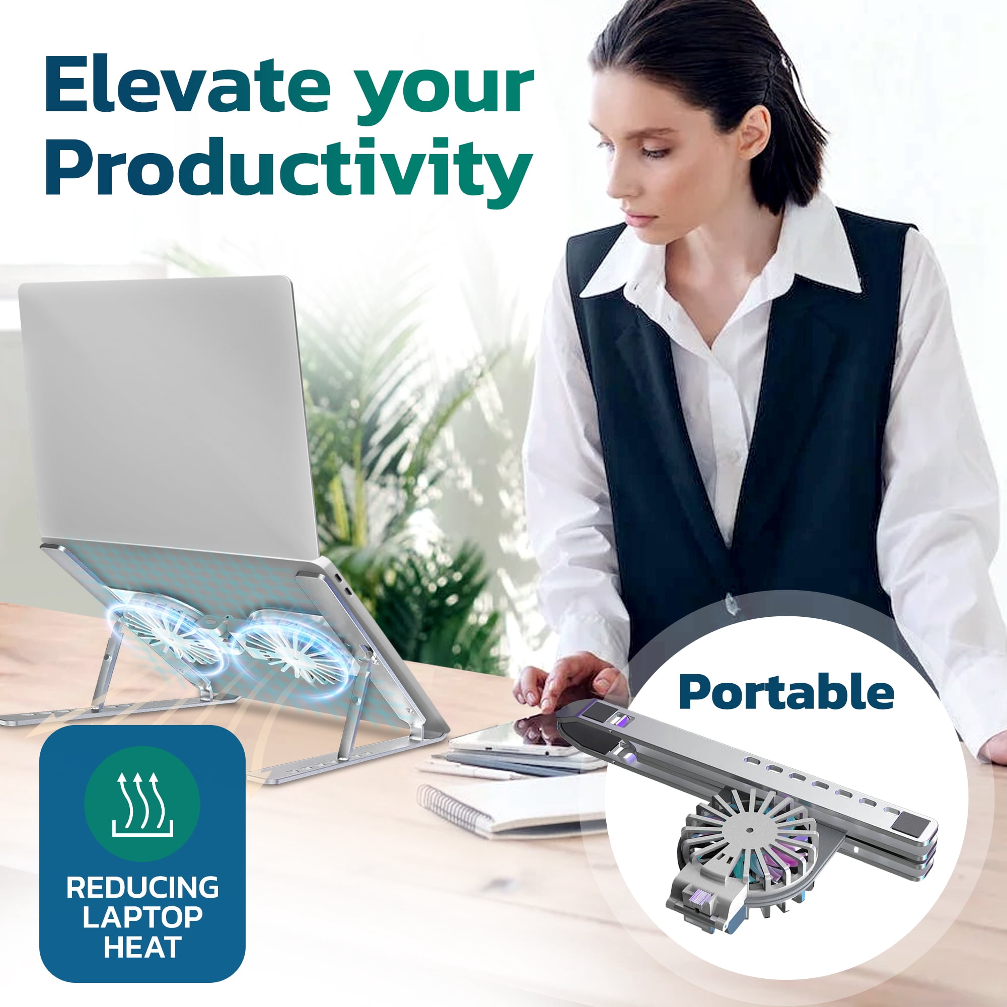Purely F82 Foldable Laptop Cooling Stand for Desk with Cooling Fan,  Adjustable height - Silver
