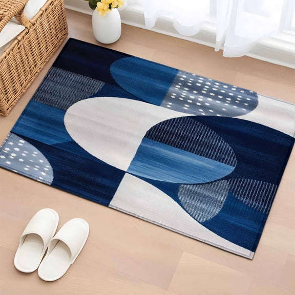 2x3 Ft Entryway Area Rug, Navy Blue Boho Kitchen Rug Runner Washable Floor Mat, White Circle Abstract Art Non Slip Indoor Door Mat Throw Carpet for Bathroom Living Room Bedroom