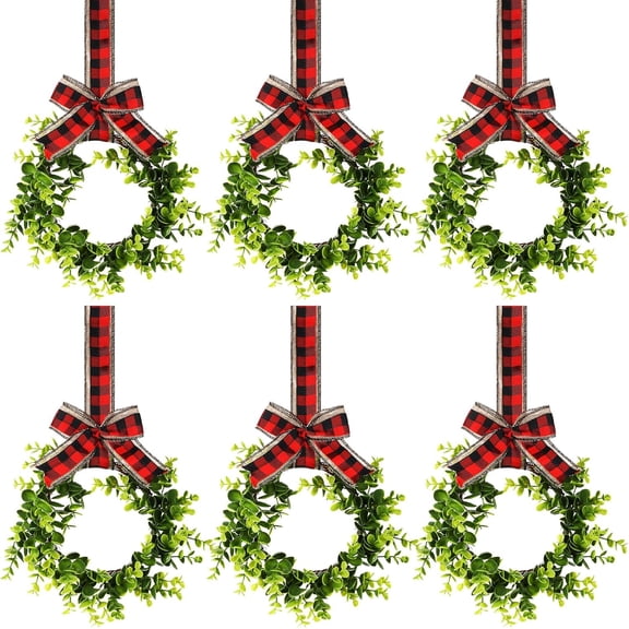 Peonyrain 6Pcs Christmas Kitchen Cabinet Wreaths Decorative Boxwood Wreaths with Ribbon Artificial Greenery Wreath Small Farmhouse Wreaths for Kitchen, 21.7 x 8.7 Inch