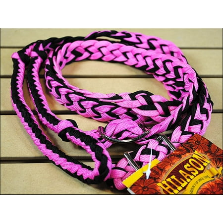 HOT PINK BLACK BRAIDED POLY BARREL RACING CONTEST REINS FLAT W/EASY GRIP KNOTS