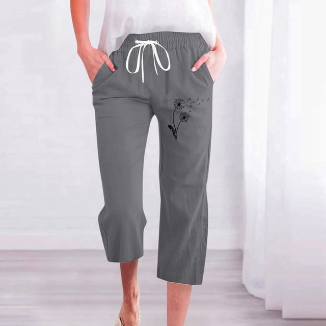 WILLBEST Fall Clothes Women Summer D Fashion Pants for Women Drawstring Elastic High Waist Linen Pant Straight Wide Leg Cropped Trouser Softstream Pants