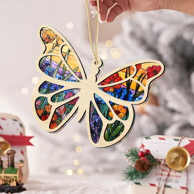 Llavero acrílico con tarjeta de cuento, diseño multicolor que capta la luz con tortuga marina y mariposa, regalo significativo para mujeres, decoración para árbol de Navidad, 12x10cm