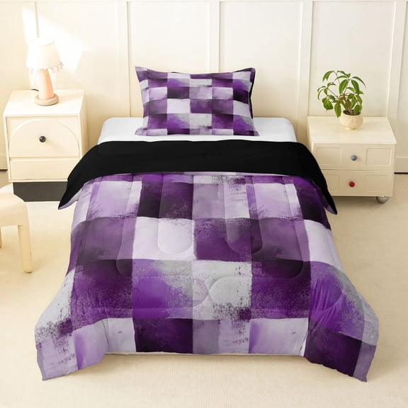 Homewish Watercolor Checkered Twin Comforter Sets,Aesthetic Geometric Bedding Set,Purple,Black Reversible,2 Pieces,1 Comforter and 1 Pillowcase