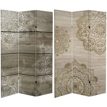 Oriental Furniture 6 Ft tall Double Sided Mandala on Oak Canvas Room Divider, 3 panel