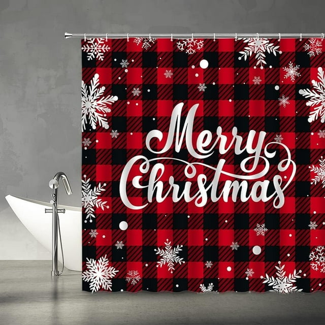 Rideau de Douche Joyeux Noël Carreaux Buffalo Rouges et Noirs Flocon de Neige Blanc Rustique Saison Hivernale Bonne Année Maison Tissu Ensemble de Rideaux de Salle de Bain avec Crochets (70 Pouces L X 84 Pouces H)