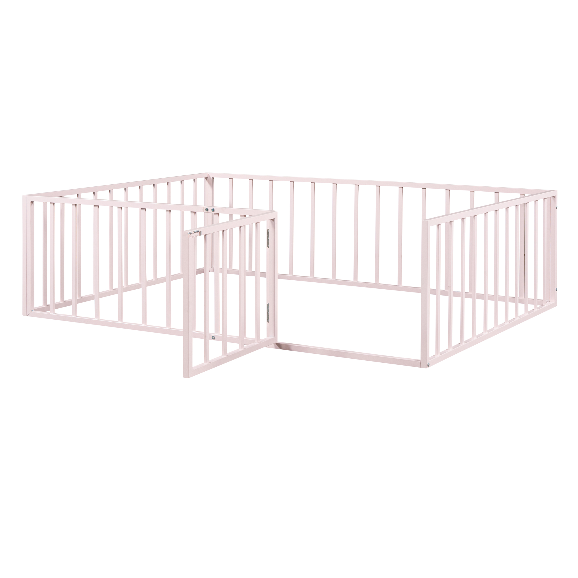 Gewnee Full Size Toddler Bed, Metal Floor Bed Frame with Fence and Door,Pink