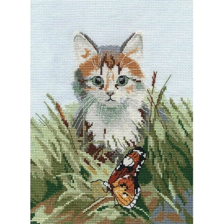 UPC: 4680021532238 | Counted Cross Stitch Kit Amazing Meeting 1339 Needlework Easy Small Animal Cat Grass Green By Oven